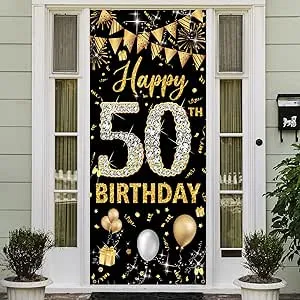 50th Birthday Decorations Door Banner, Black Gold Happy 50th Birthday Decorations Women Men, Door Cover Sign Poster Decor, 50 Year Old Birthday Party Photo Props Backdrop, Fabric 6.1ft x 3ft PHXEY