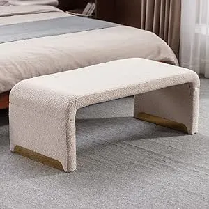 NIOIIKIT 43.3'' Ottoman Bench with Boucle Fabric, Faux Fur End of Bed Bench with Golden Metal Legs, Upholstered Entryway Bench for Living Room, Bedroom, Entryway (Beige)