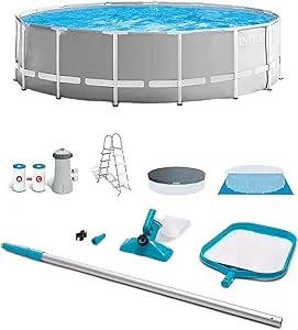 Intex Prism Frame 15' x 48" Above Ground Swimming Pool Set with Filter Pump, Ladder, Pool Cover, and Maintenance Pool Cleaning Kit with Vacuum Skimmer