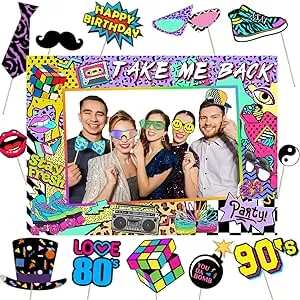 ssailue decor 80s 90s Themed Party Decorations for Adults, 1990s Throwback Party Photo Booth Props, 80s 90s Birthday Party Picture Booth Frame & Props for Retro Hip Hop Party Favors, Multi Color