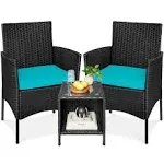 Best Choice Products 3-Piece Outdoor Wicker Conversation Patio Bistro Set, w/ 2 Chairs, Table - Black/Teal