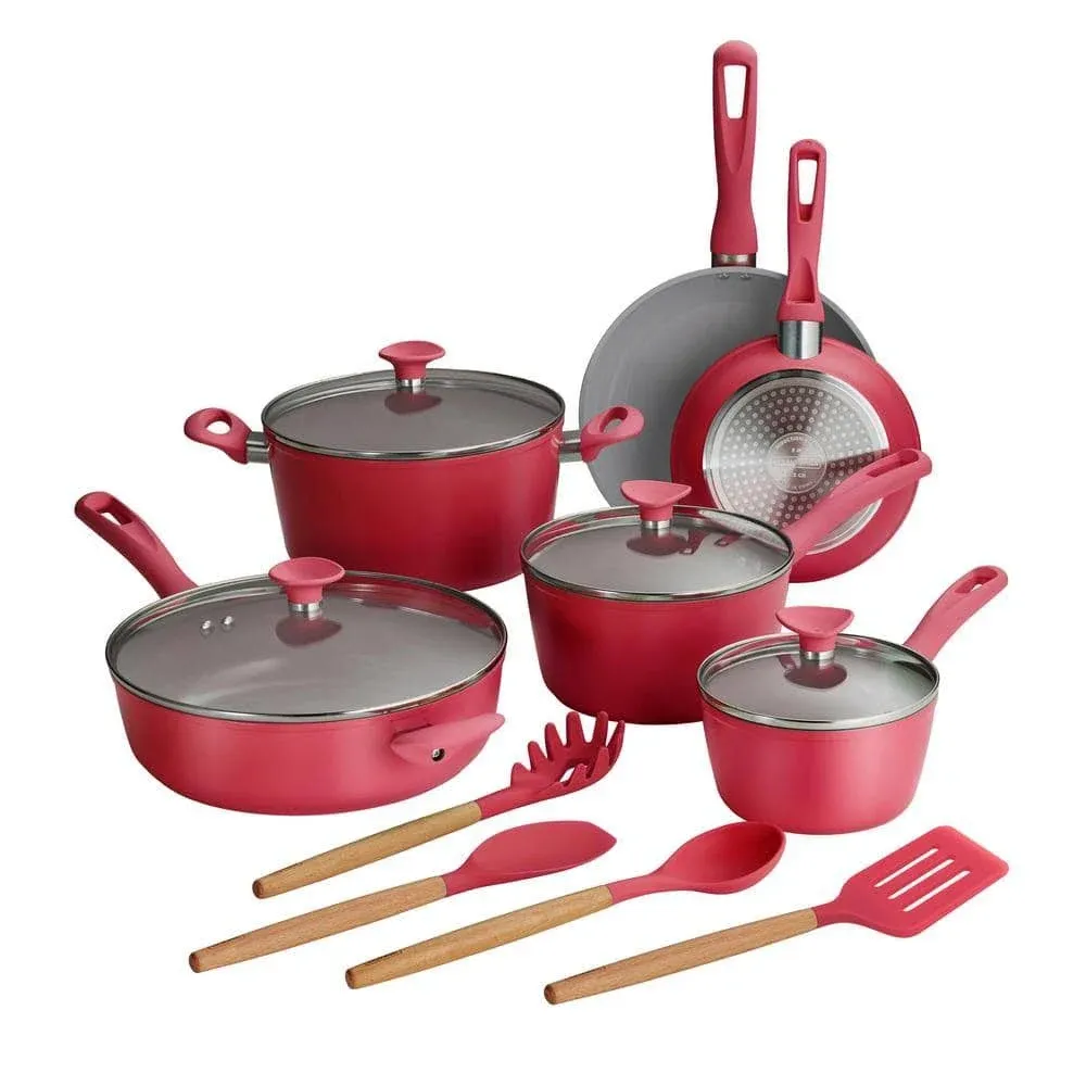 Tramontina Cookware Set 6-Pcs Ceramic Nonstick Red w/ 4-Glass Lids/Wood Utensils