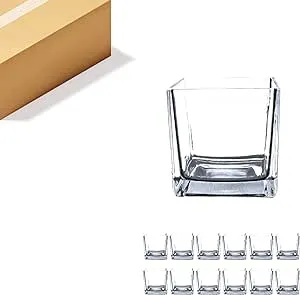 WGV Cube Glass Vase, Candle Holder, 5"x5"x5", Utility, Clear Elegant Floral Accent Container Planter Terrarium Storage for Wedding Party Ceremony Home Decor, 12 Piece (VCB0005A_12)