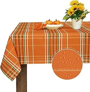 Autumn Fall Tablecloth for Thanksgiving, Gingham Buffalo Plaid Table Cloth, Checkered Waterproof Spillproof Table Cover for Dinner Kitchen Party Holiday Decor, Yellow Orange, Rectangle 60 x 120 Inch