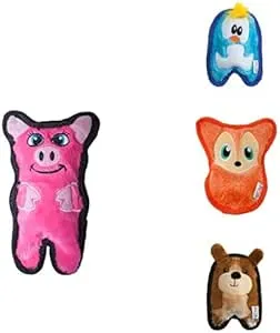 Outward Hound Invincibles Mini Plush Dog Toy 4-Pack, Pig-Penguin-Fox-Puppy, XS