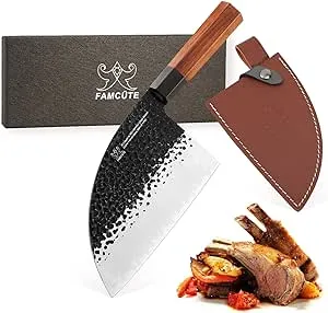 6.5 inch Butcher Knife, 3 Layer 9CR18MOV Clad Steel w/octagon Handle Serbian Meat Cleaver Knife with Leather Knife Sheath