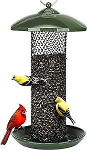 Kingsyard Mesh Tube Bird Feeders for Outdoors Hanging, All Metal, Wild Bird Feeder for Cardinal Finch, Large Tray & Rainproof Roof, 2.5 lbs Seed Capacity (Antique Copper)