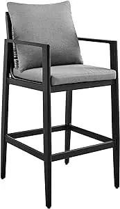 Armen Living Grand Modern Indoor Outdoor Patio Wicker and Metal Bar Stool Counter Chair with Gray Cushions, 26" Seat Height