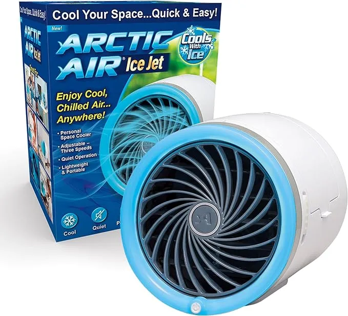 Arctic Air Ice Jet Personal Air Cooler, 3-Speed Room Cooler with Reusable Ice Packs, Portable Cooler with Multi-Directional Vent & 7 LED Lights, Whisper-Quiet Air Cooler for Room