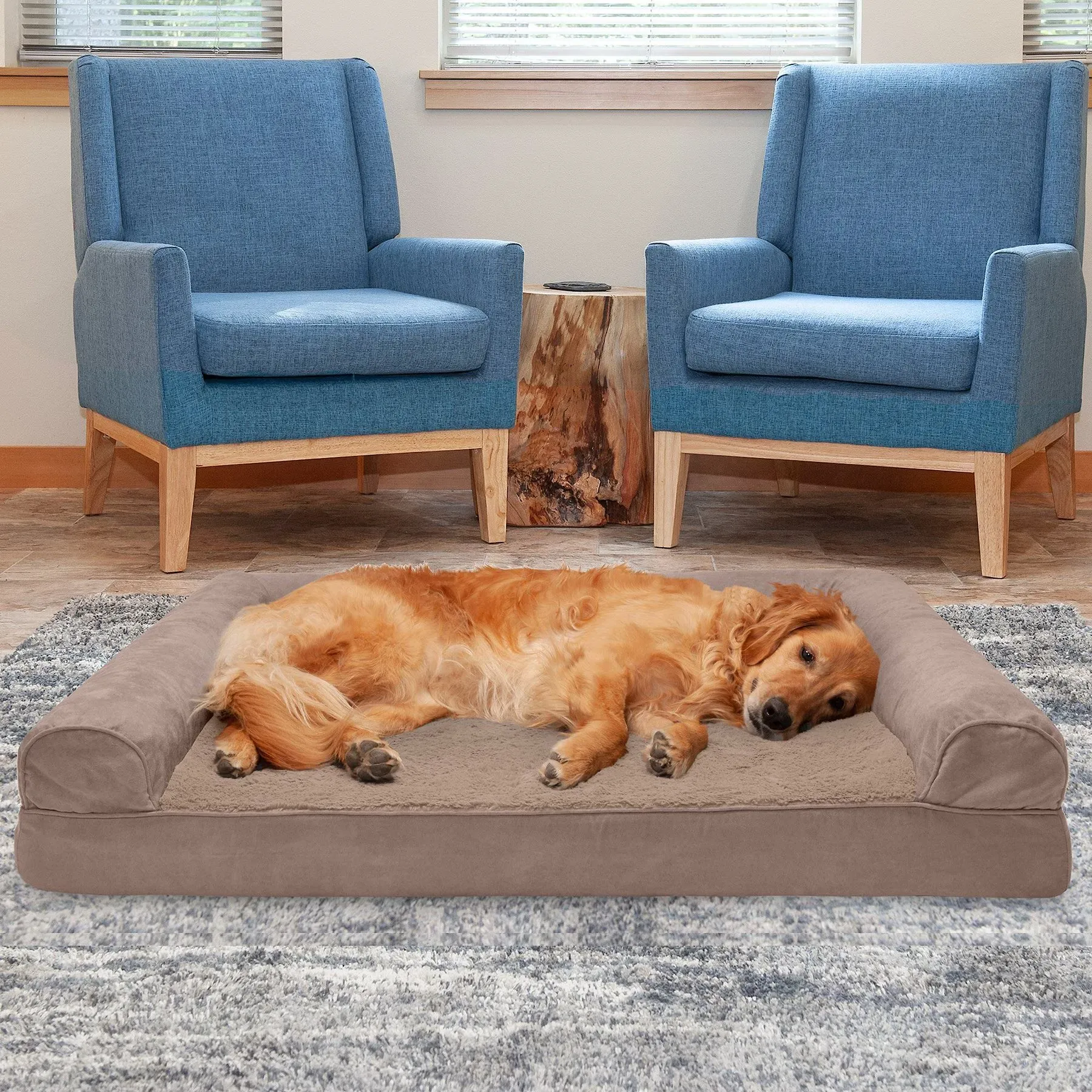 Furhaven Plush & Suede Cooling Gel Sofa Dog Bed - Large, Almondine