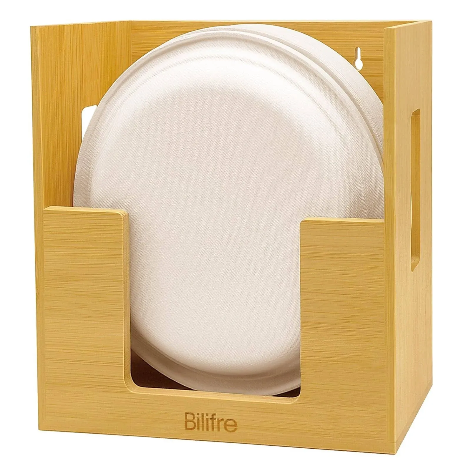 Bilifre 8/9/10 inch Paper Plate Organizer Under Cabinet, Wall Mounted Plate Storage Dispenser, Kitchen Bamboo Countertop Paper Plate Holder, Fits