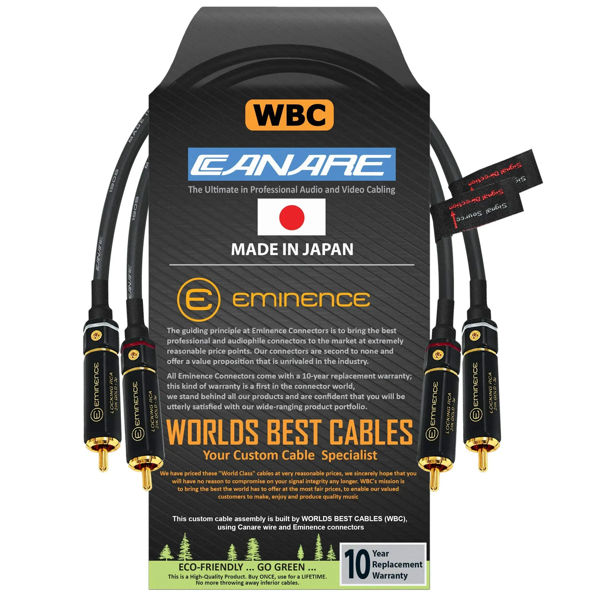 WORLDS BEST CABLES 1 Foot RCA Cable Pair - Canare L-4E6S, Star Quad, Audio Interconnect Cable with Premium Gold Plated Locking RCA Connectors - Directional - Custom Made