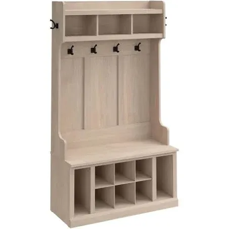 Bush Furniture Woodland 40W Hall Tree and Shoe Storage Bench with Shelves in White Washed Maple | Foyer, Mudroom, Entryway Organizer