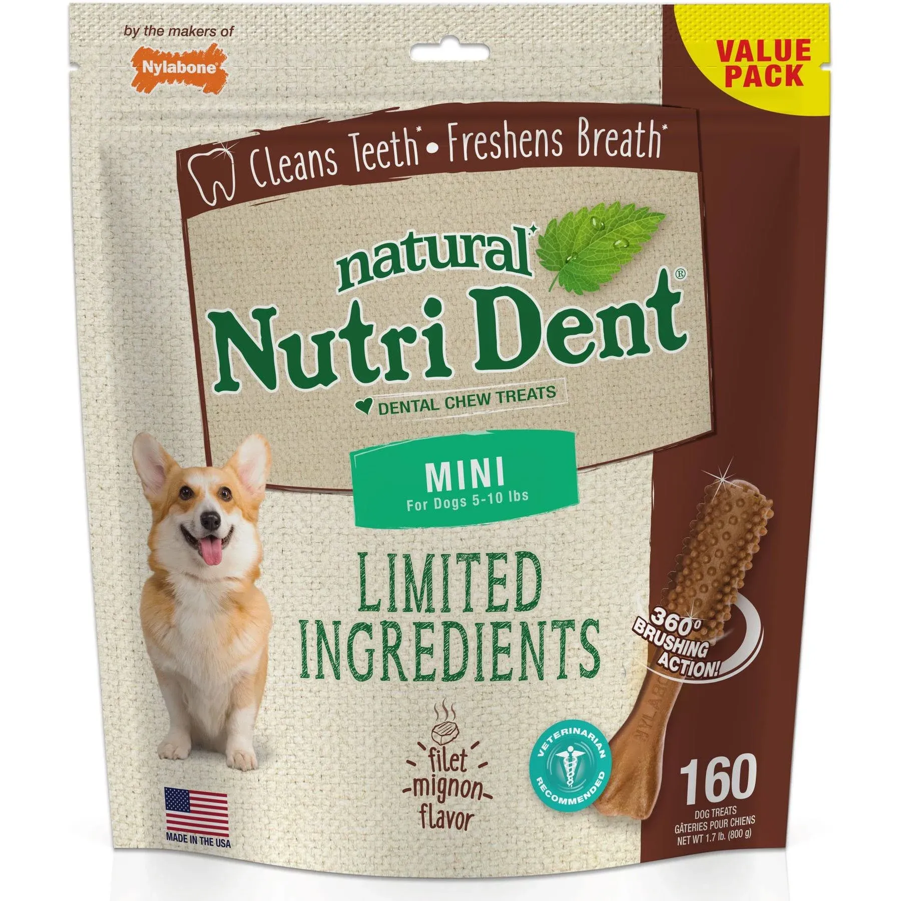 Nylabone Natural Nutri Dent Filet Mignon Dental Chews - Limited Ingredients - Mini - 160 Count