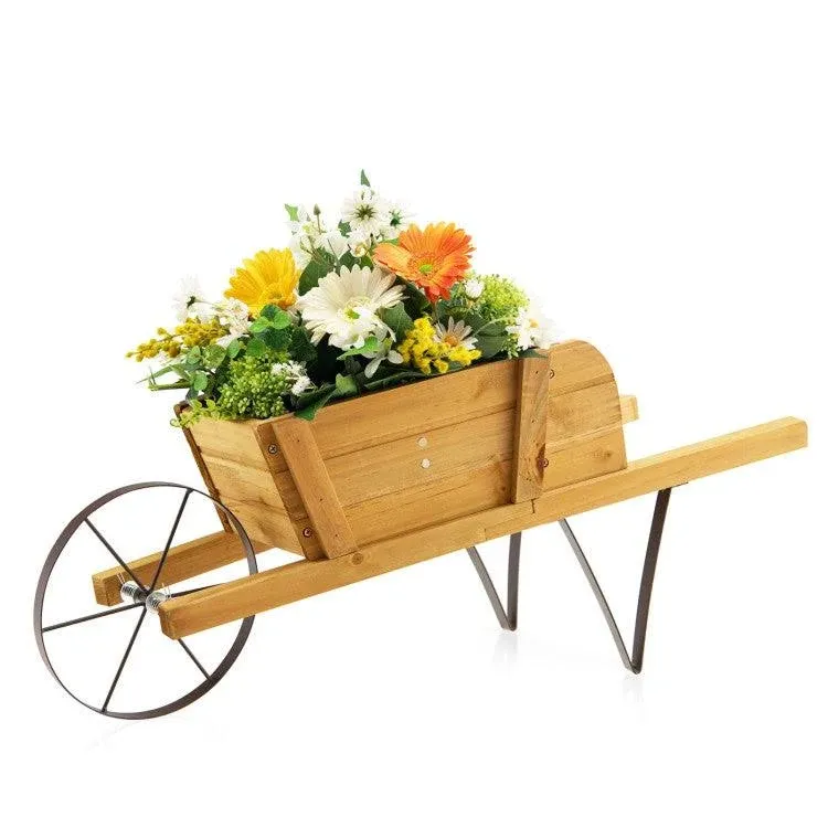 HAPPYGRILL Wheelbarrow Wagon Plant, Small Solid Pine Wood Flower Pot with Triangular Metal Support, 2 Energy-Saving Handles, Movable Wheel, Rustic Wood Garden Planter Decoration