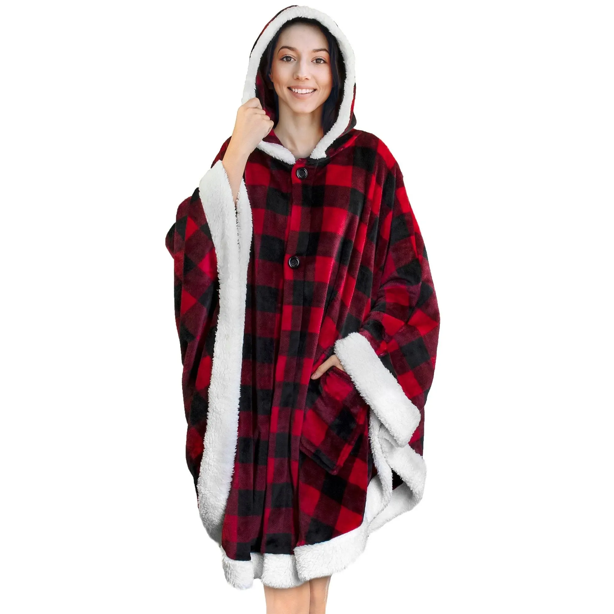 PAVILIA Wearable Blanket for Adult Women, Cozy Plush Fleece Blanket Poncho Cape with Hood, Super Soft Shawl, Angel Wrap Throw for Office, Black and Red Buffalo Plaid Checkered