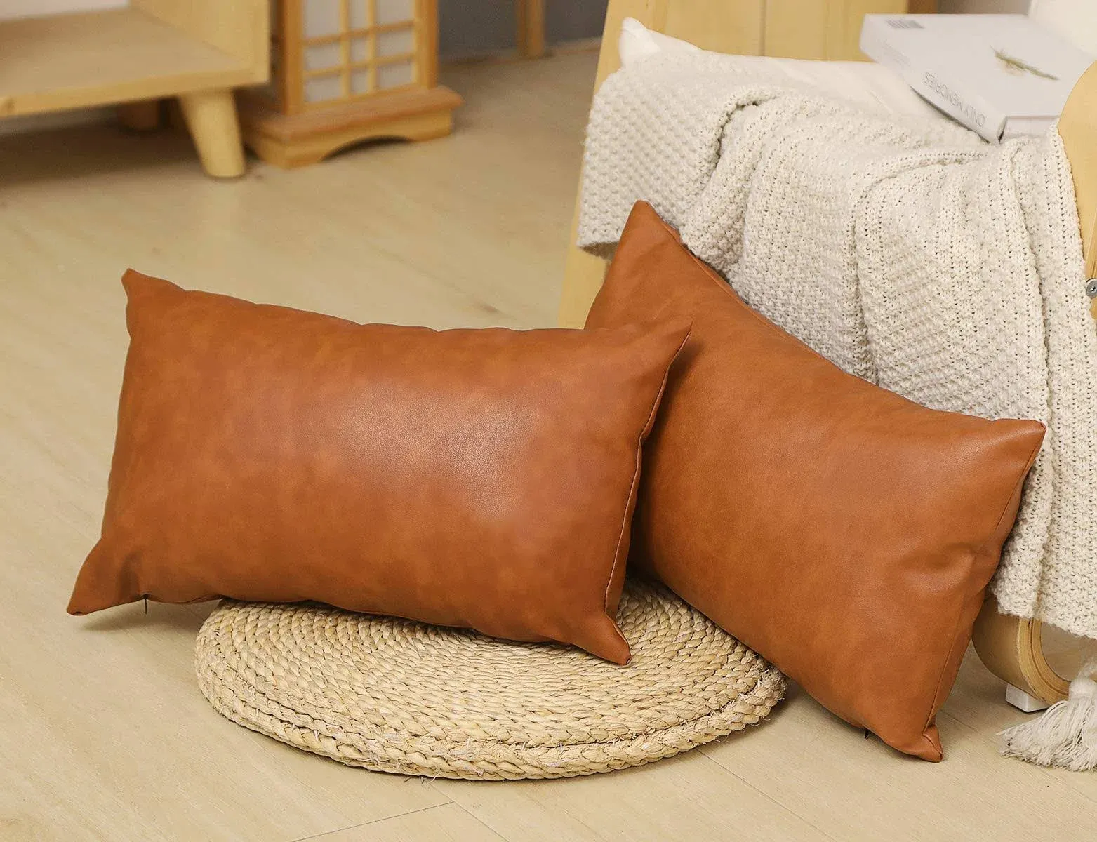 2-Pack Faux Leather Lumbar Pillow Cover 12x20 inch Modern Country Decorative ...