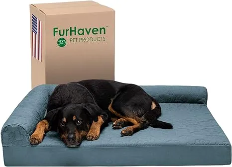 Furhaven Orthopedic Dog Bed for Large Dogs w/ Removable Bolsters & Washable Cover, For Dogs Up to 95 lbs - Pinsonic Quilted Paw L Shaped Chaise - Bluestone, Jumbo/XL