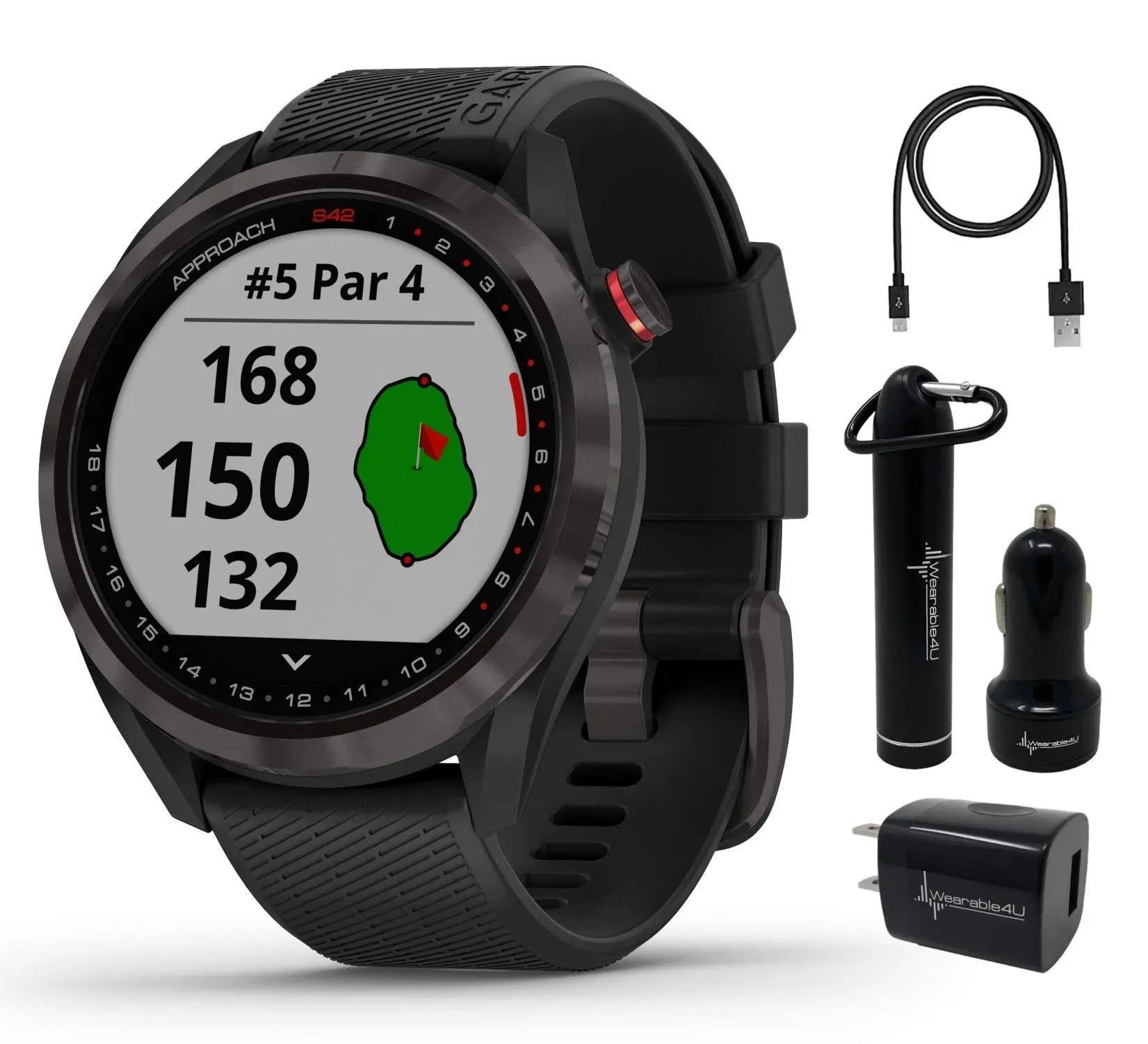 Garmin Approach S42 Premium GPS Golf Watch, Gunmetal with Black Silicone Band and Wearable4U Power Pack Bundle