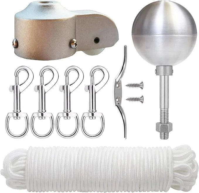 Flag Pole Parts Hardware Repair Kit includes 3&#034; Silver Topper Ball Ornament F...