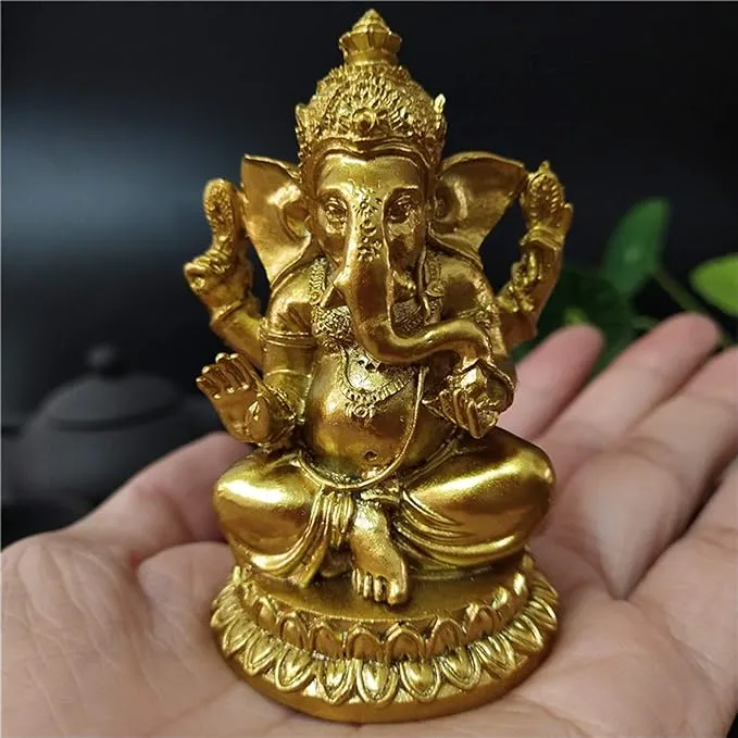 YODOOLTLY Gold Lord Ganesha Statues- Hindu Elephant God Statue Resin Sculpture Indian Ganesh Buddha Figurine Handmade Gift Decoration Ornaments for Home, Garden, Car