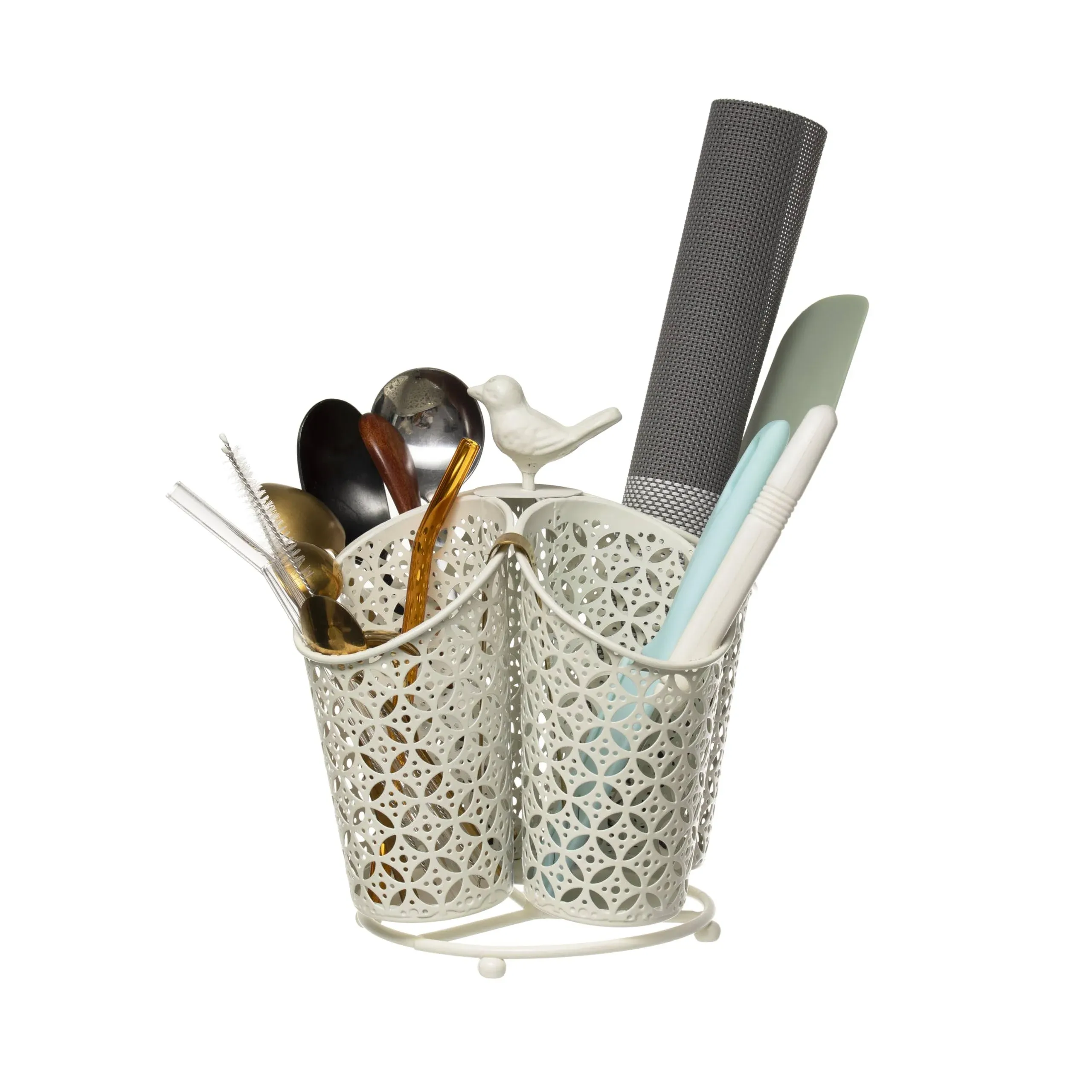 heart & home 360° Rotating Silverware Caddy, Cutlery Utensil Caddy Holder with 4 Compartments, Metal Flatware Caddy, Spoon Fork Knife Holder, Cream