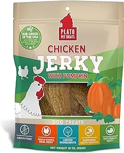 PLATO Pet Treats Jerky Dog Treats - Air-Dried Jerky for Dogs - Delicious, Real Meat Dog Treats - Grain Free - Supports Healthy Digestion - Chicken Jerky with Pumpkin 16oz