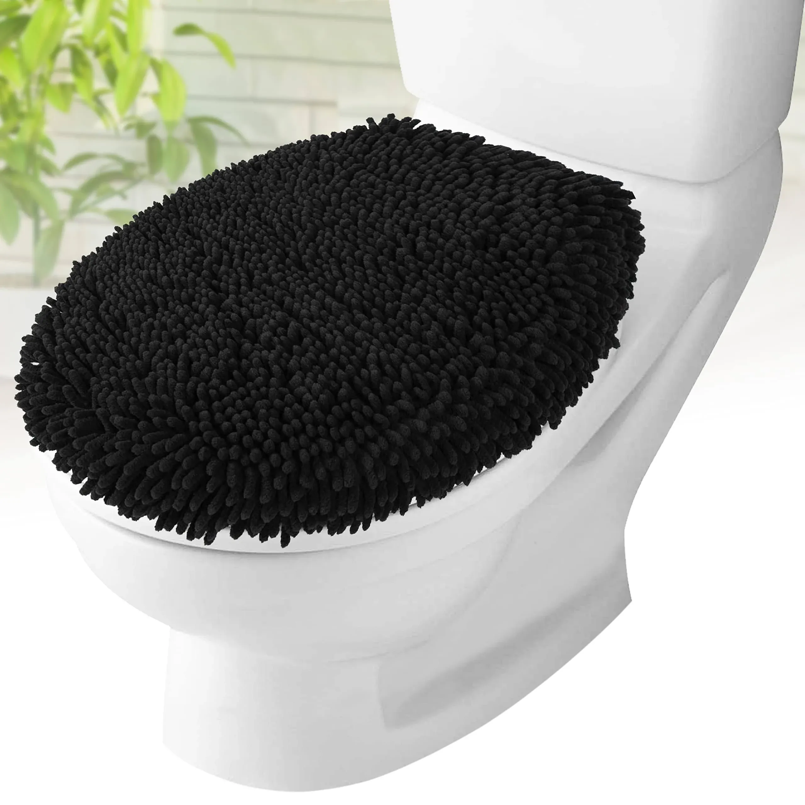 MAYSHINE Plush Shaggy Standard Toilet Seat Lid Cover (Black) | Fuzzy Chenille Microfiber, Fluffy Soft Absorbent - Machine Washable Cushion | No More