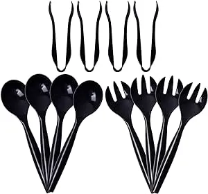 Supernal 72pcs Plastic Serving Utensils Heavy Duty Disposable Serving Tongs Black Disposable Serving Set 10" Spoons 10" Forks 6" Tongs Each 24pcs