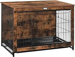 Dog Crate Furniture, 38.6" Large Dog Kennel Indoor, Wooden Dog Crate with Pull-Out Tray, Double Doors Dog House, Modern Side End Table for Small/Medium/Large Dog, Rustic Brown BF982GW03G1