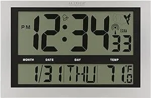 La Crosse Technology 513-1211 Atomic Wall Clock with Jumbo LCD Display with Indoor Temperature , Silver