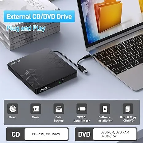 Origbelie External DVD Drive USB 3.0 CD/DVD ROM -RW Adapter