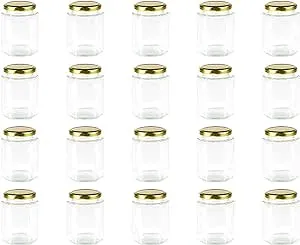 Encheng 10 oz Hexagon Jars, Clear Glass Jars with Lids(Golden), Mason Jars for H