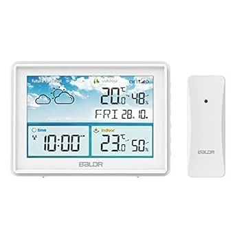 BALDR Home Weather Station & Indoor Outdoor Thermometer with Wireless Remote Sensor, Atomic Alarm Clock, Calendar, Humidity Monitor,& Weather Forecast & Digital Weather Station in LCD Display (White)