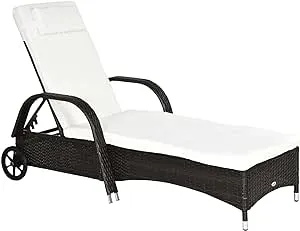 Outsunny Outdoor Rattan Wicker Poolside Chaise Lounge Chair with Adjustable Backrest - Mixed Brown