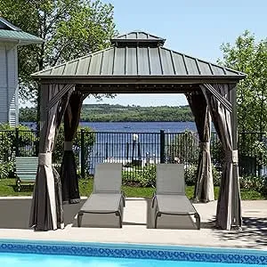 Domi 8’ X 8’ Hardtop Gazebo Canopy with Netting & Curtains, Outdoor Gazebo with Galvanized Steel Double Roof for Patio Lawn and Garden, Gray