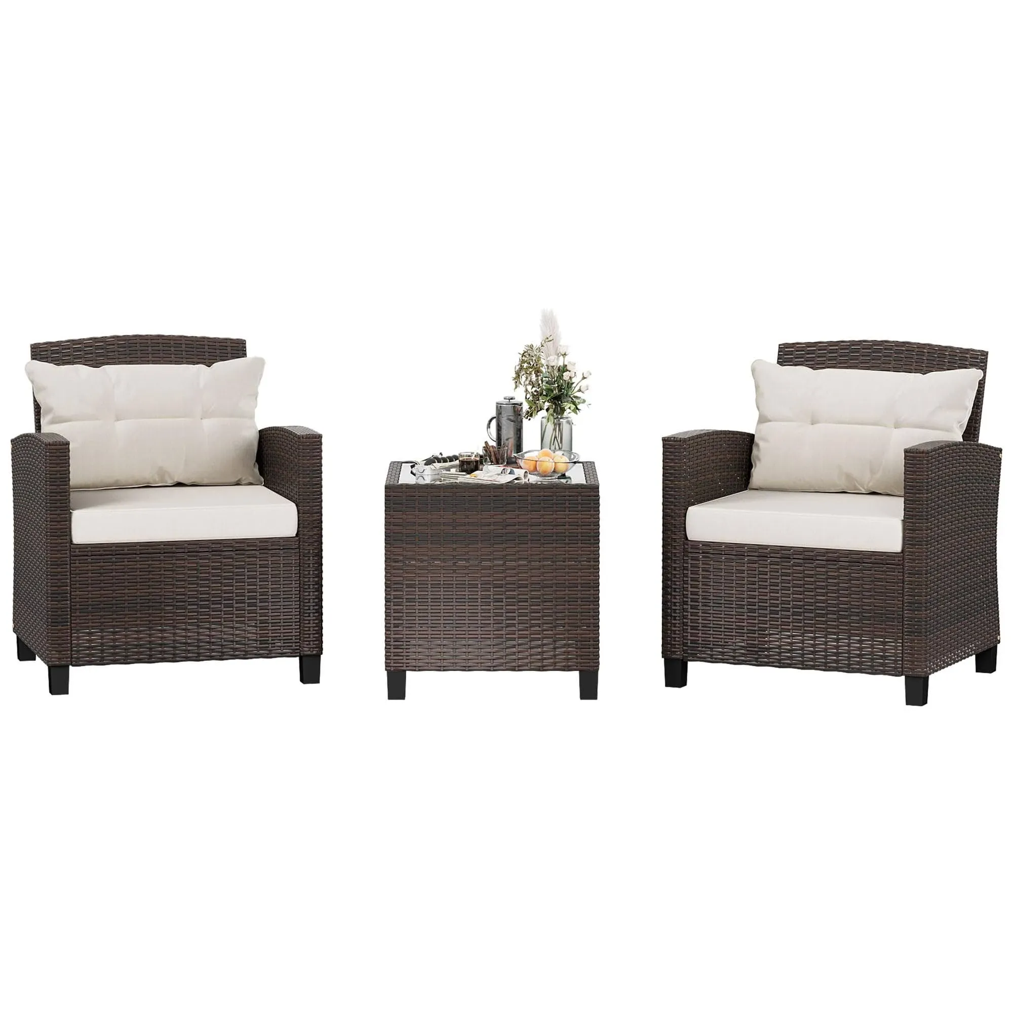 Shintenchi 3 Pieces Patio Furniture Set 3 Pieces PE Rattan Wicker Chairs with Table Outdoor Furniture for Backyard/Garden/Poolside/Outdoor Restaurant Gary Rattan with Gary Cushion