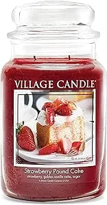 Village Candle Strawberry Pound Cake, Large Glass Apothecary Jar Scented Candle, 21.25 oz, Red