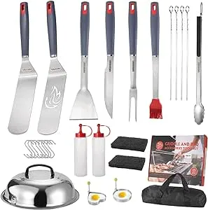 FXFSTEEL Griddle Accessories Kit, 25Pcs Grill Tools Set BBQ Long-Handle Spatula, Fork, Meat Knife, Scraper, Tongs, Egg Ring, Basting Cover with Carrying Bag for Blackstone Outdoor Griddle Camping