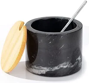 Marble Salt Cellar with Lid & Spoon, 11oz Salt and Pepper bowls, Handcrafted from Natural Marble, Smooth Inside (Black)