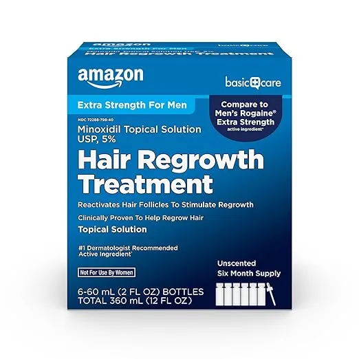 Amazon Basic Care Minoxidil Topical Solution USP, 5 Percent, Hair Regrowth Treatment for Men, Extra Strength, 12 Fluid Ounces