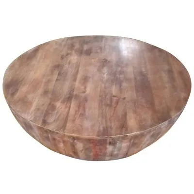 The Urban Port Handcarved Drum Shape Round Top Mango Wood Distressed Wooden Coffee Table, Brown