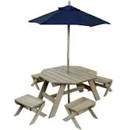 Kidkraft Wooden Octagon Table, Stools & Umbrella Set, Kids’ Outdoor Furniture, Barnwood Gray & Navy