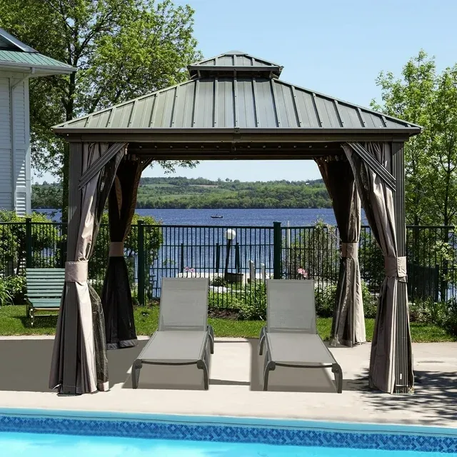 Domi 8x8 Hardtop Metal Gazebo, Permanent Cover, Outdoor Patio, Aluminum, Galvanized Double Roof