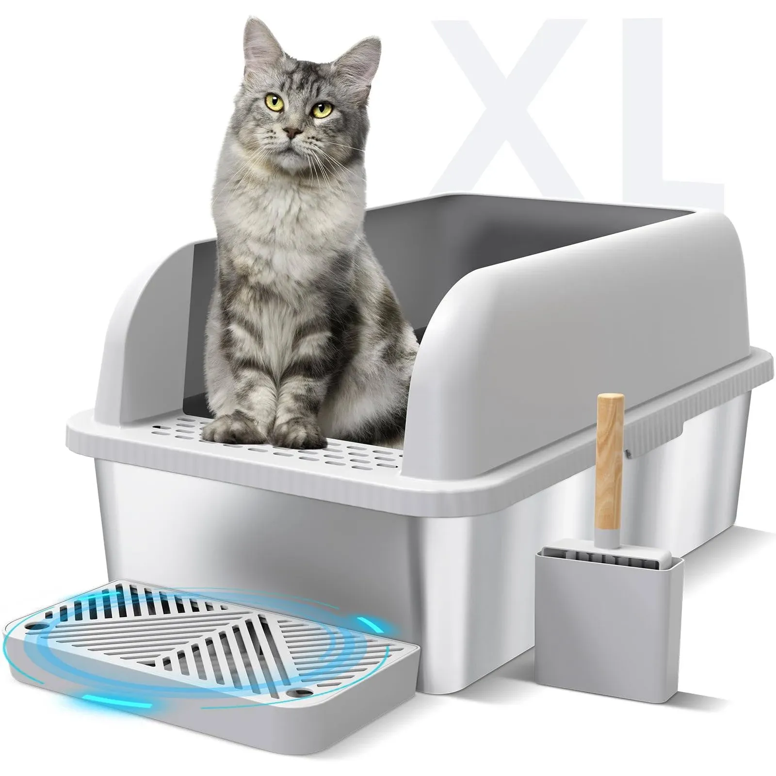 Suzzipaws Enclosed Stainless Steel Cat Litter Tray with Lid Extra Large Litter Box for Big Cats XL Metal Litter Pan Tray with High Wall Sides Enclosure, Non-Sticky, Anti-Leakage, Easy Cleaning