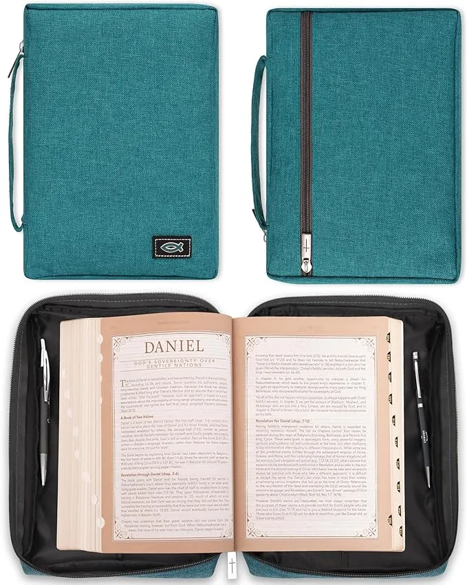 Christian Art Gifts Men/Women's Bible Cover Strength & Dignity Proverbs 31:25, Teal Canvas, Medium