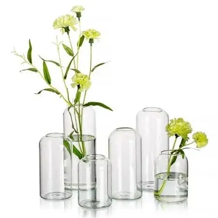 Hewory Glass Clear Modern Vase, Set of 6 - Small Bud Vases for Flowers, Elegant Home Decor Floral Arrangements, Wedding Party Events Centerpieces