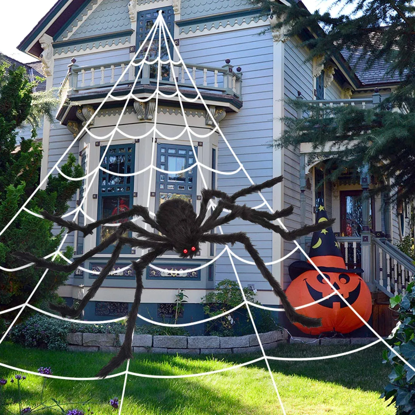 200&#034; Halloween Spider Web + 59&#034; Giant Spider Decorations Fake Spider with Tri...