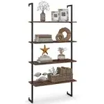 Tangkula 4-Tier Bookshelf, Wall-Mounted Open Bookcase with Metal Frame, Industrial Display Storage Ladder Shelf for Study, Living Room & Kitchen (2, Brown)