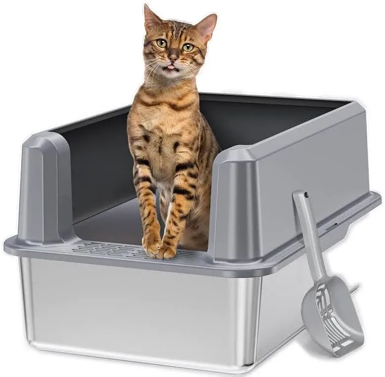 Suitfeel Enclosed Stainless Steel Cat Litter Box with Lid, Odorless XL Metal ...